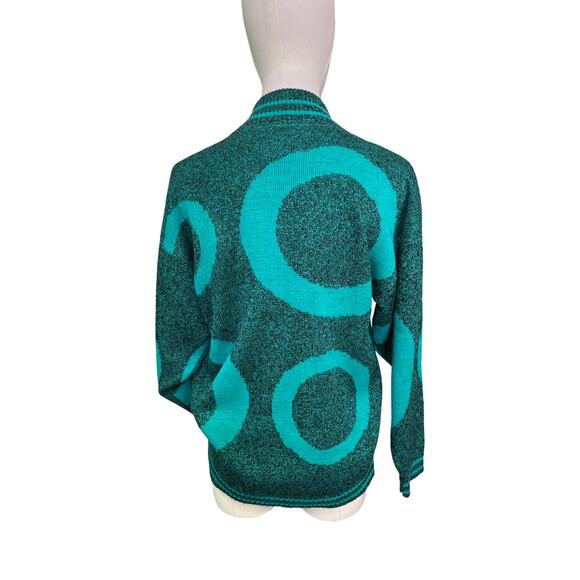 Vintage Knitwaves USA Teal Black Circle Pattern Sweater 80s Retro Acrylic - Picture 4 of 7